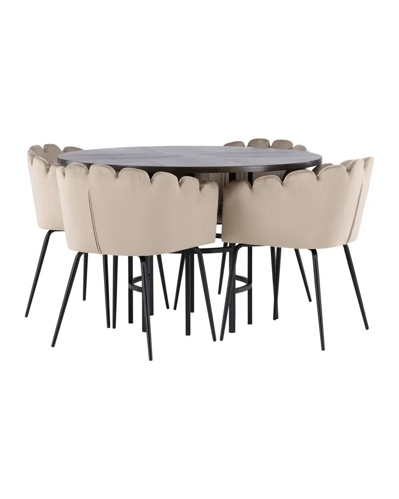 Copenhagen & Limhamn Essgruppe mit rundem Esstisch und 4 Samt-Armlehnstühlen in Ø 115 cm, Mokka, Gestell Schwarz, Beige, Ansicht 4