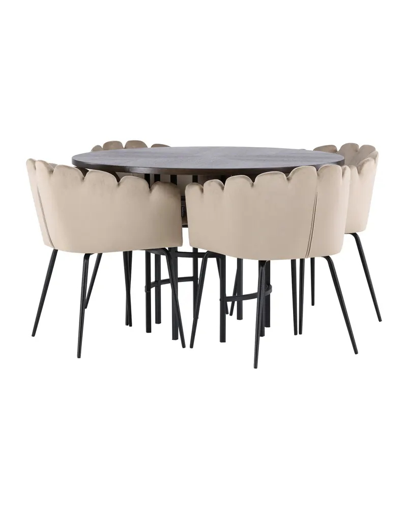 Copenhagen & Limhamn Essgruppe mit rundem Esstisch und 4 Samt-Armlehnstühlen in Ø 115 cm, Mokka, Gestell Schwarz, Beige, Ansicht 5