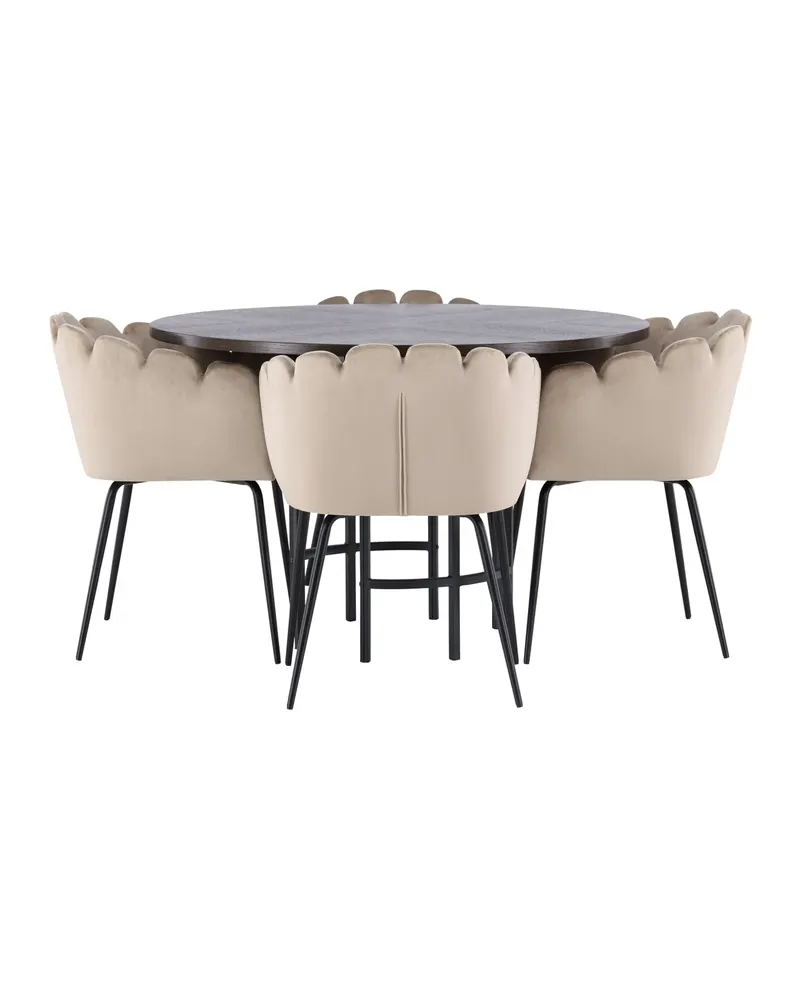 Copenhagen & Limhamn Essgruppe mit rundem Esstisch und 4 Samt-Armlehnstühlen in Ø 115 cm, Mokka, Gestell Schwarz, Beige, Ansicht 6