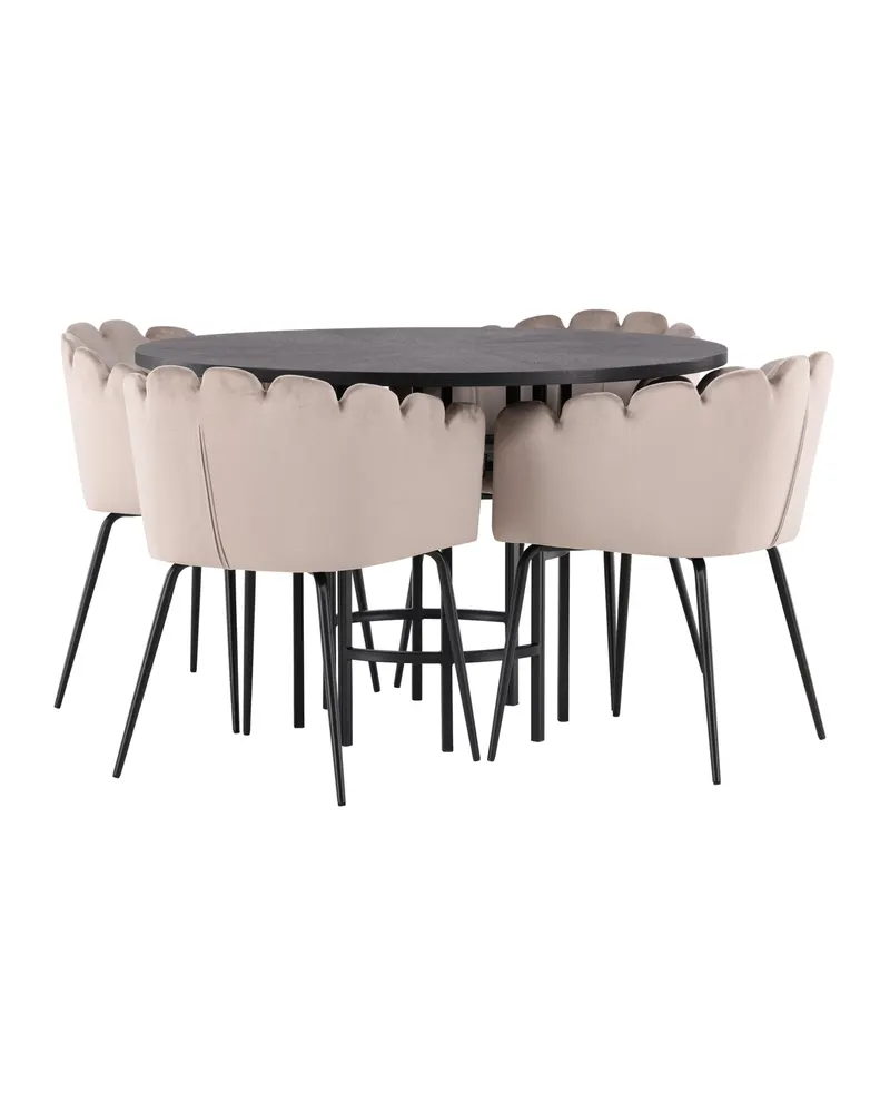 Copenhagen & Limhamn Essgruppe mit rundem Esstisch und 4 Samt-Armlehnstühlen in Ø 115 cm, Schwarz, Beige, Gestell Schwarz, Ansicht 1