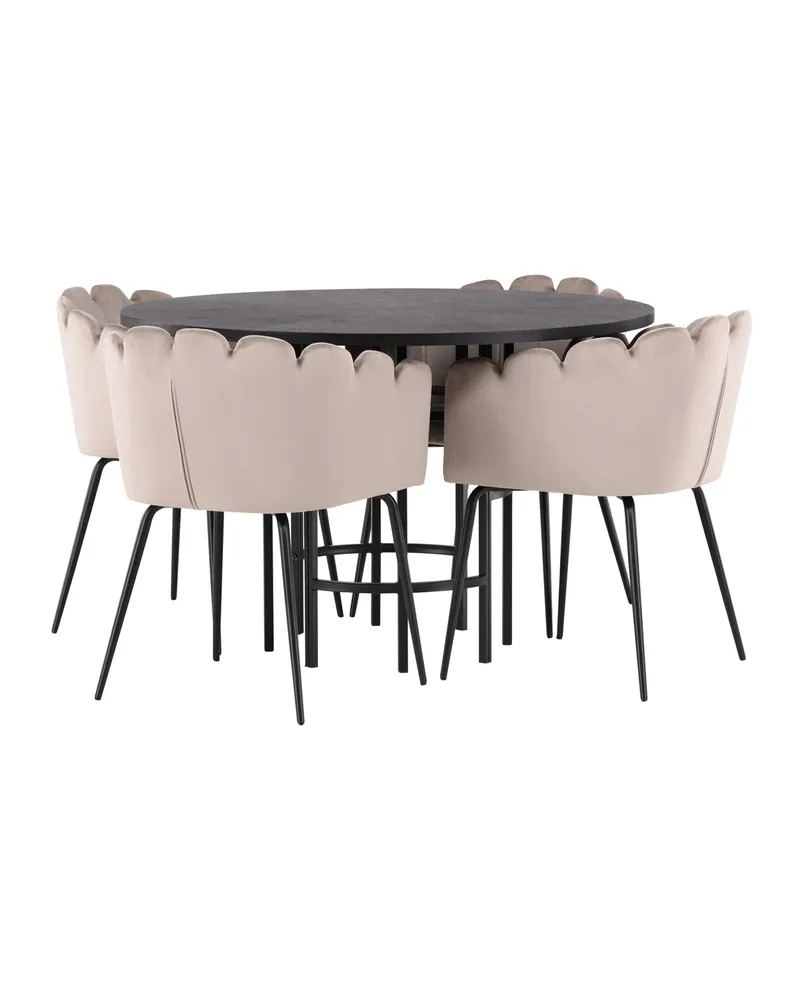 Copenhagen & Limhamn Essgruppe mit rundem Esstisch und 4 Samt-Armlehnstühlen in Ø 115 cm, Schwarz, Beige, Gestell Schwarz, Ansicht 7