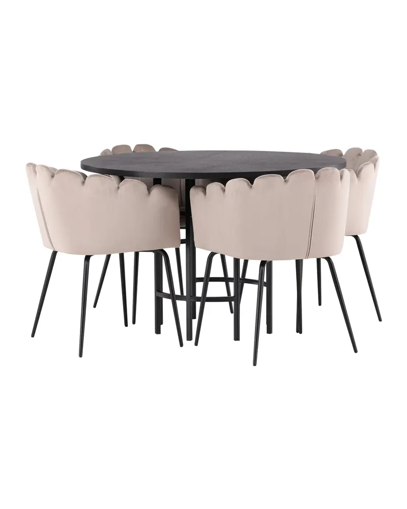 Copenhagen & Limhamn Essgruppe mit rundem Esstisch und 4 Samt-Armlehnstühlen in Ø 115 cm, Schwarz, Beige, Gestell Schwarz, Ansicht 8
