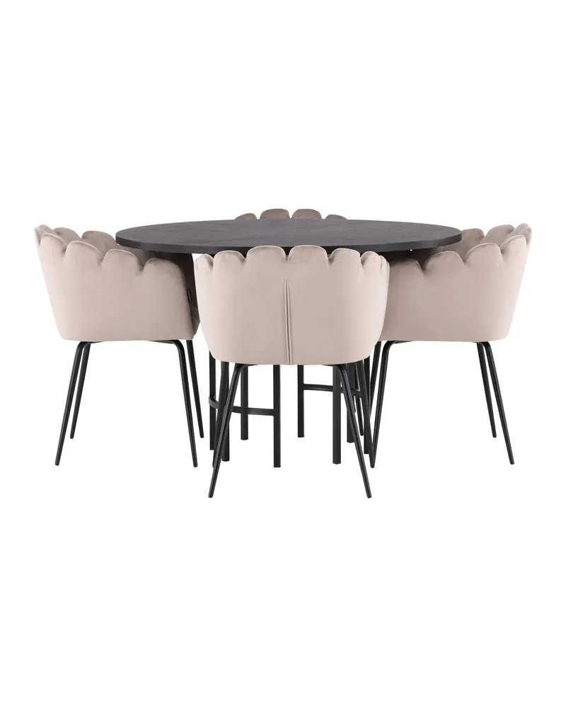 Copenhagen & Limhamn Essgruppe mit rundem Esstisch und 4 Samt-Armlehnstühlen in Ø 115 cm, Schwarz, Beige, Gestell Schwarz, Ansicht 9