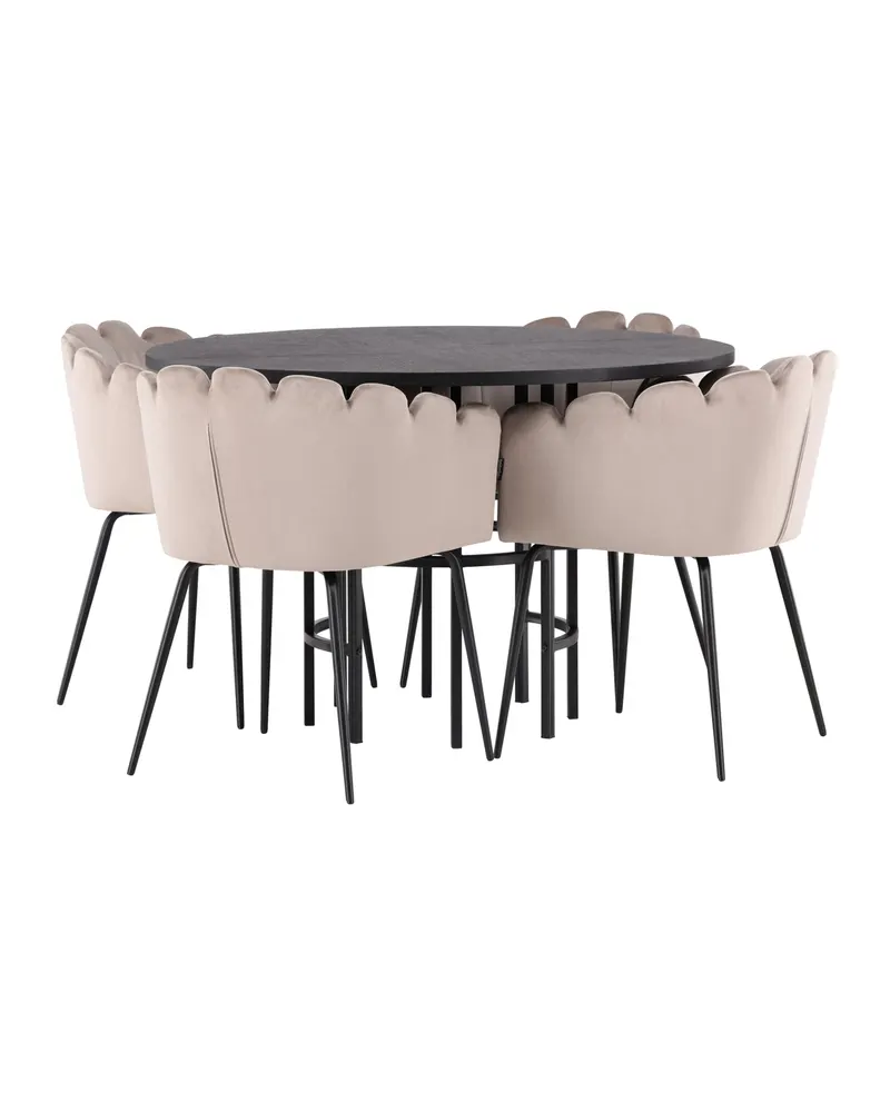 Copenhagen & Limhamn Essgruppe mit rundem Esstisch und 4 Samt-Armlehnstühlen in Ø 115 cm, Schwarz, Beige, Gestell Schwarz, Ansicht 10