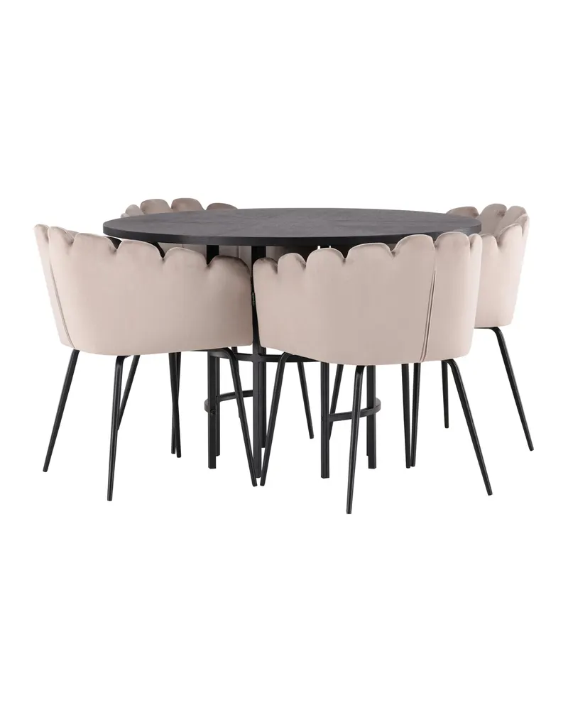Copenhagen & Limhamn Essgruppe mit rundem Esstisch und 4 Samt-Armlehnstühlen in Ø 115 cm, Schwarz, Beige, Gestell Schwarz, Ansicht 11