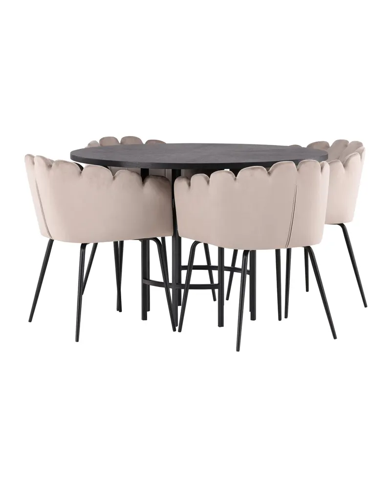 Copenhagen & Limhamn Essgruppe mit rundem Esstisch und 4 Samt-Armlehnstühlen in Ø 115 cm, Schwarz, Beige, Gestell Schwarz, Ansicht 12