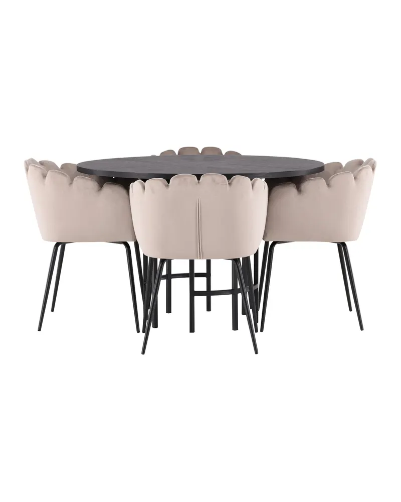 Copenhagen & Limhamn Essgruppe mit rundem Esstisch und 4 Samt-Armlehnstühlen in Ø 115 cm, Schwarz, Beige, Gestell Schwarz, Ansicht 2