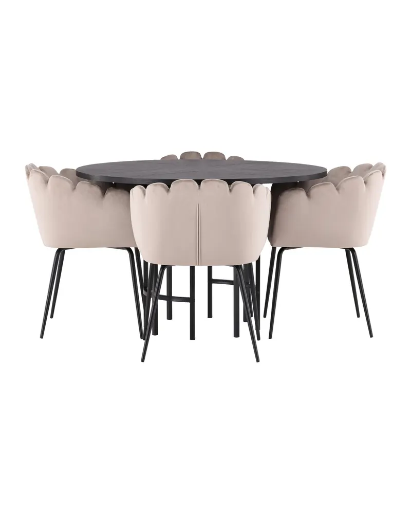 Copenhagen & Limhamn Essgruppe mit rundem Esstisch und 4 Samt-Armlehnstühlen in Ø 115 cm, Schwarz, Beige, Gestell Schwarz, Ansicht 3