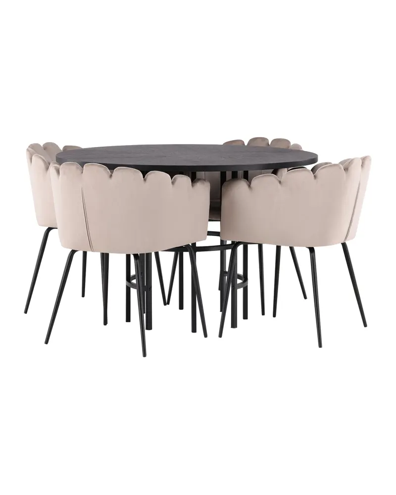 Copenhagen & Limhamn Essgruppe mit rundem Esstisch und 4 Samt-Armlehnstühlen in Ø 115 cm, Schwarz, Beige, Gestell Schwarz, Ansicht 4