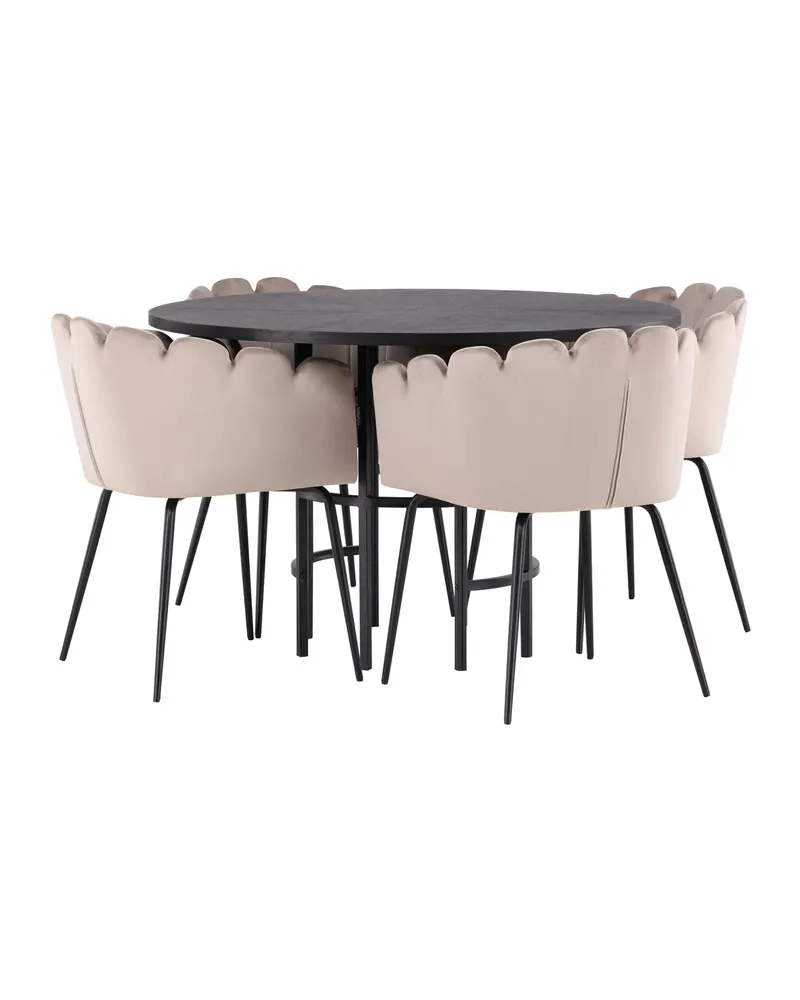 Copenhagen & Limhamn Essgruppe mit rundem Esstisch und 4 Samt-Armlehnstühlen in Ø 115 cm, Schwarz, Beige, Gestell Schwarz, Ansicht 5