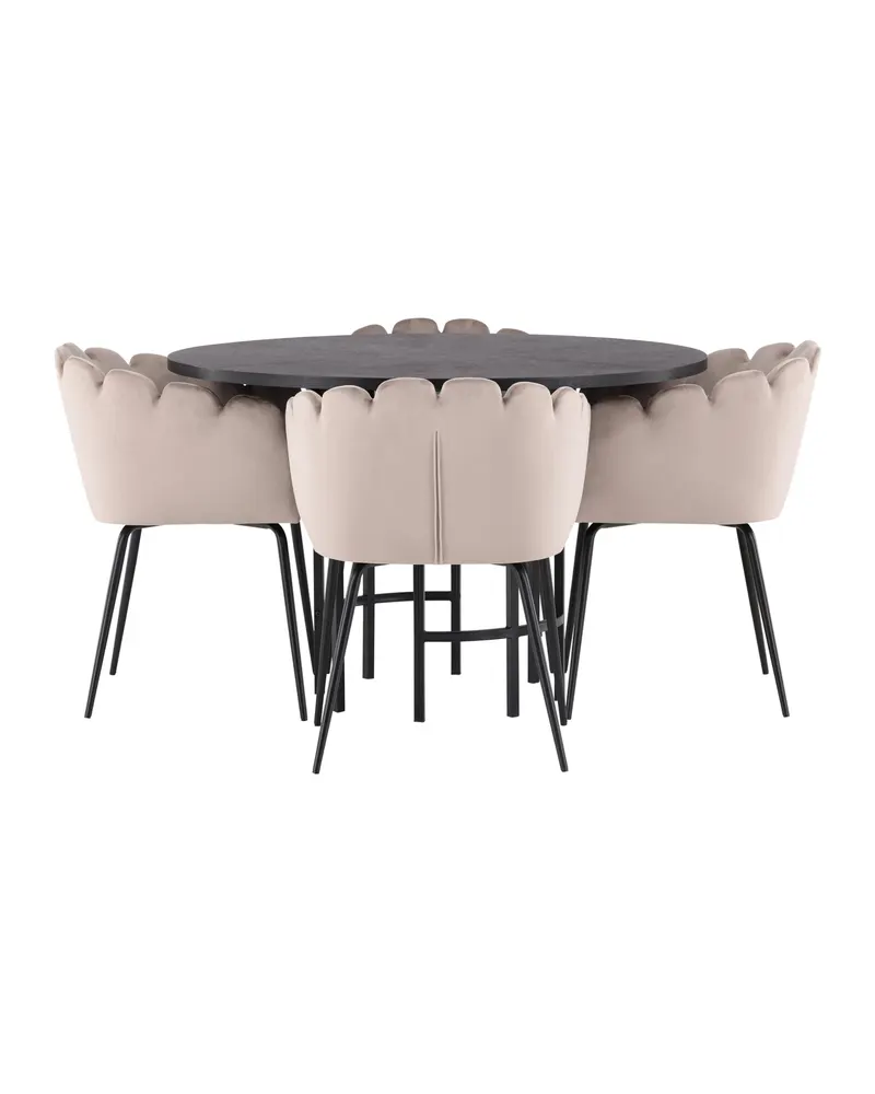Copenhagen & Limhamn Essgruppe mit rundem Esstisch und 4 Samt-Armlehnstühlen in Ø 115 cm, Schwarz, Beige, Gestell Schwarz, Ansicht 6