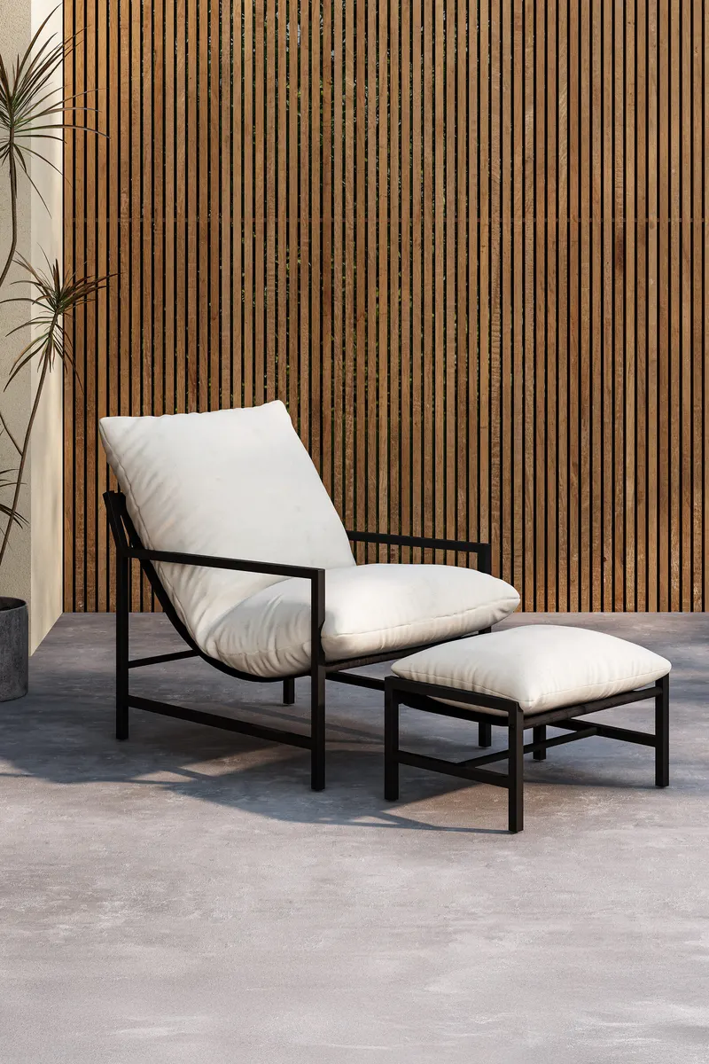 Corso Gartensessel mit Hocker in Beige, Gestell Schwarz, im Wohnraum, Ansicht 1