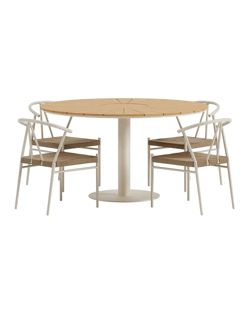 Croft & Alfons Gartentisch mit Stühlen: Teak Ø 120 cm, Rattansitze, Natur, Beige