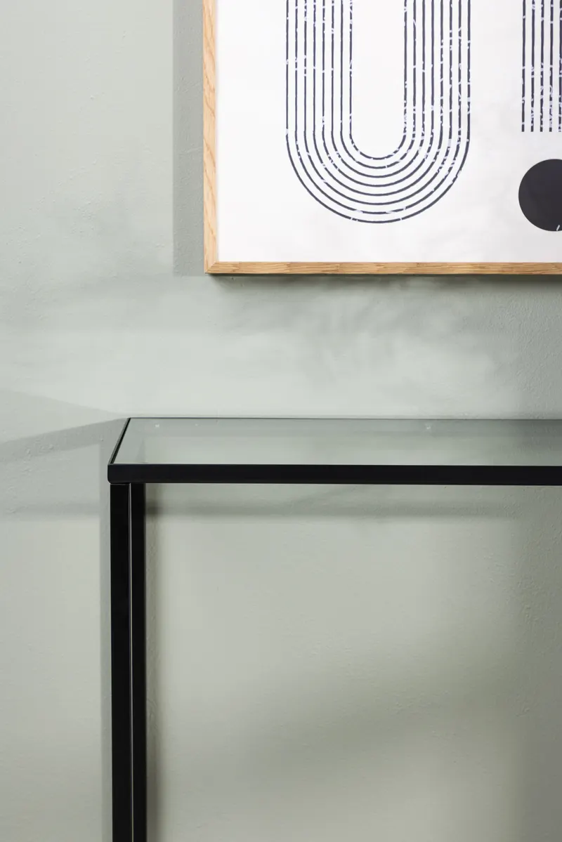 Dipp schmaler Konsolentisch mit Glasplatte in Transparent, Gestell Schwarz, im Wohnraum, Ansicht 2