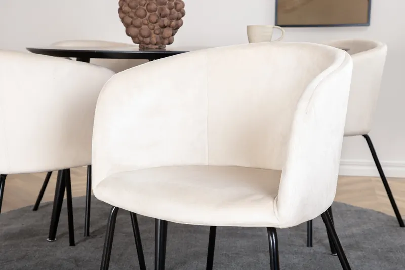 Dipp & Berit Essgruppe mit rundem Esstisch und 4 Polsterstühlen in Beige, Gestell Schwarz, im Wohnraum, Ansicht 5