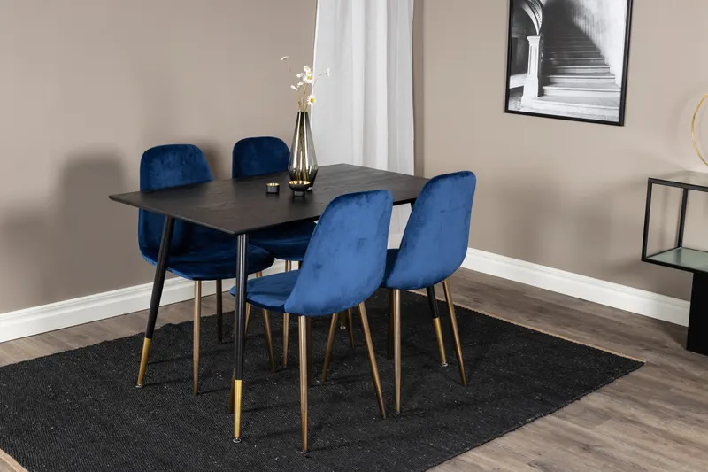 Dipp & Polar Essgruppe mit rechteckigem Esstisch und 4 Polsterstühlen in Blau, Gestell Gold, im Wohnraum, Ansicht 2