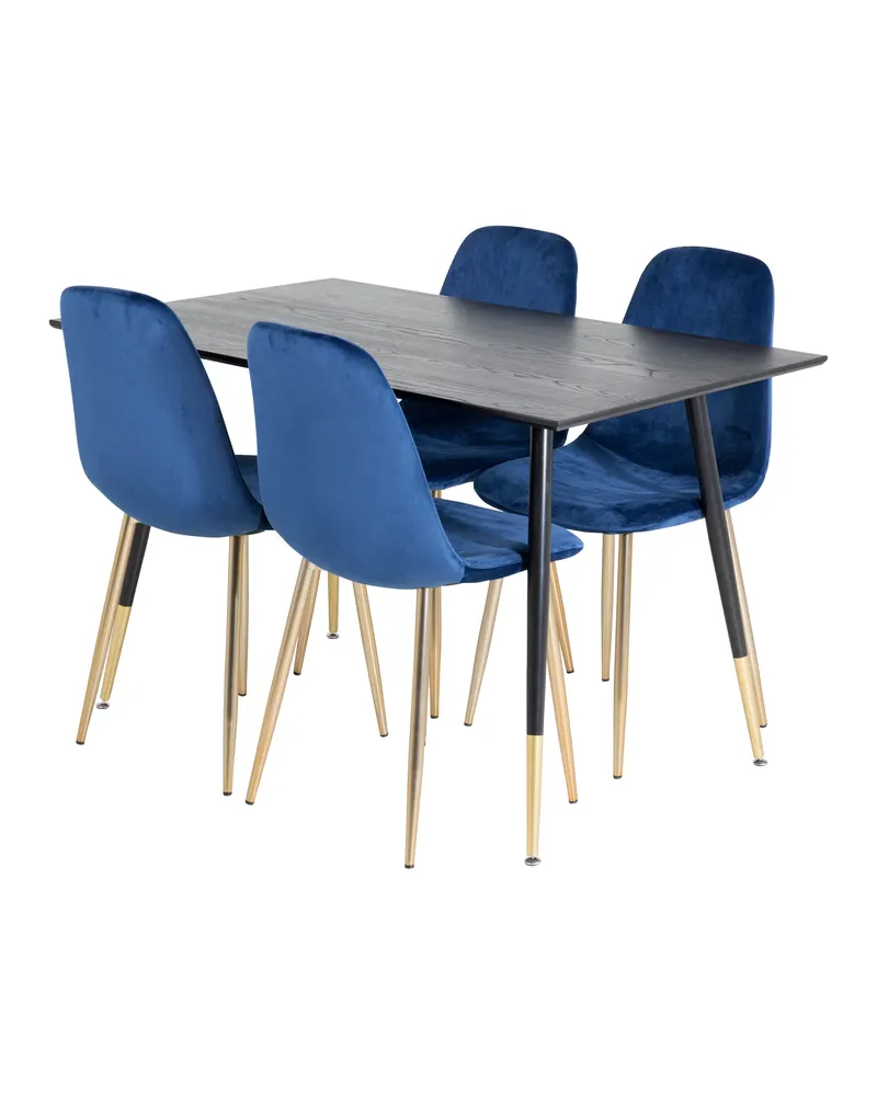 Dipp & Polar Essgruppe mit rechteckigem Esstisch und 4 Polsterstühlen in Blau, Gestell Gold, Ansicht 2