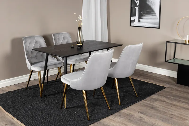 Dipp & Velvet Deluxe Essgruppe mit rechteckigem Esstisch und 4 Samtstühlen in Hellgrau, Gestell Messing gebürstet, im Wohnraum, Ansicht 2