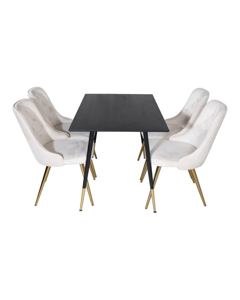Dipp & Velvet Deluxe Essgruppe mit rechteckigem Esstisch und 4 Samtstühlen in Beige, Gestell Messing gebürstet, Ansicht 1
