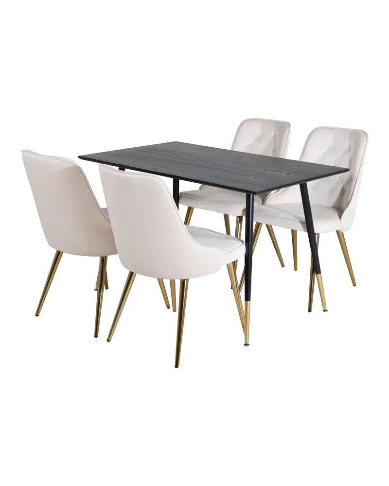 Dipp & Velvet Deluxe Essgruppe mit rechteckigem Esstisch und 4 Samtstühlen in Beige, Gestell Messing gebürstet, Ansicht 2