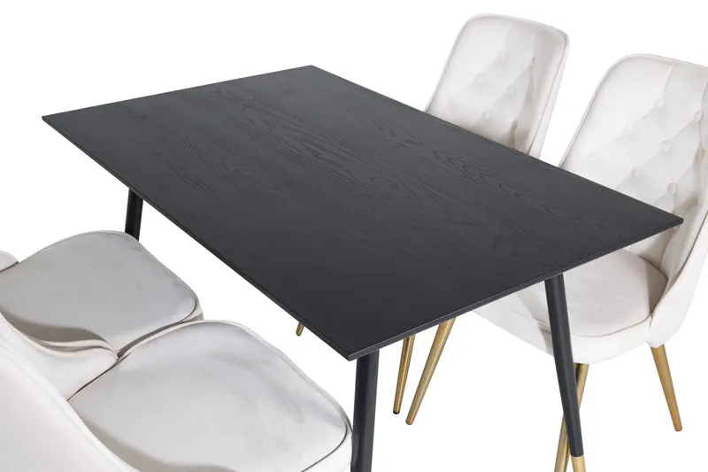 Dipp & Velvet Deluxe Essgruppe mit rechteckigem Esstisch und 4 Samtstühlen in Beige, Gestell Messing gebürstet, Ansicht 4