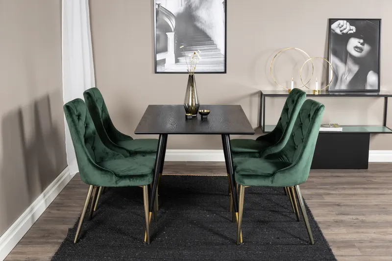 Dipp & Velvet Deluxe Essgruppe mit rechteckigem Esstisch und 4 Samtstühlen in Grün, Gestell Gold, im Wohnraum, Ansicht 1