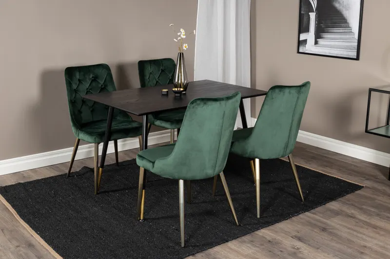 Dipp & Velvet Deluxe Essgruppe mit rechteckigem Esstisch und 4 Samtstühlen in Grün, Gestell Gold, im Wohnraum, Ansicht 2