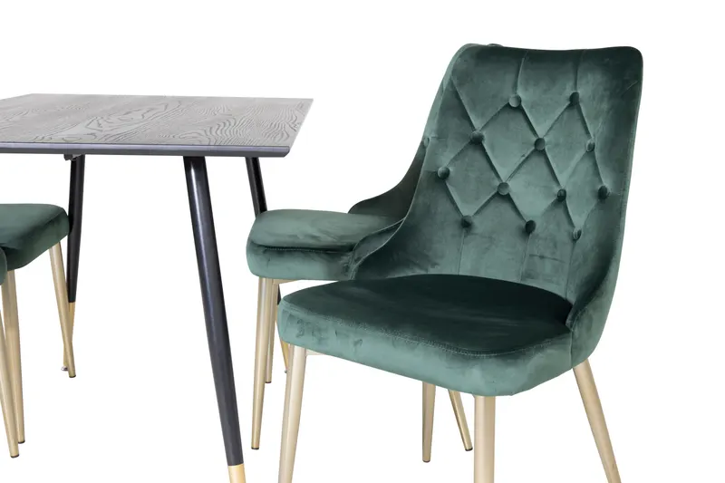 Dipp & Velvet Deluxe Essgruppe mit rechteckigem Esstisch und 4 Samtstühlen in Grün, Gestell Gold, Ansicht 3