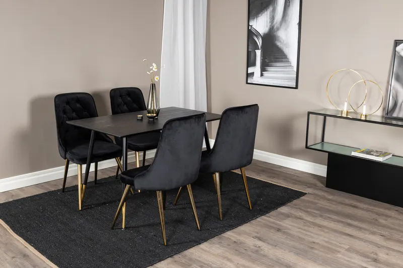 Dipp & Velvet Deluxe Essgruppe mit rechteckigem Esstisch und 4 Samtstühlen in Schwarz, Gestell Gold, im Wohnraum, Ansicht 2