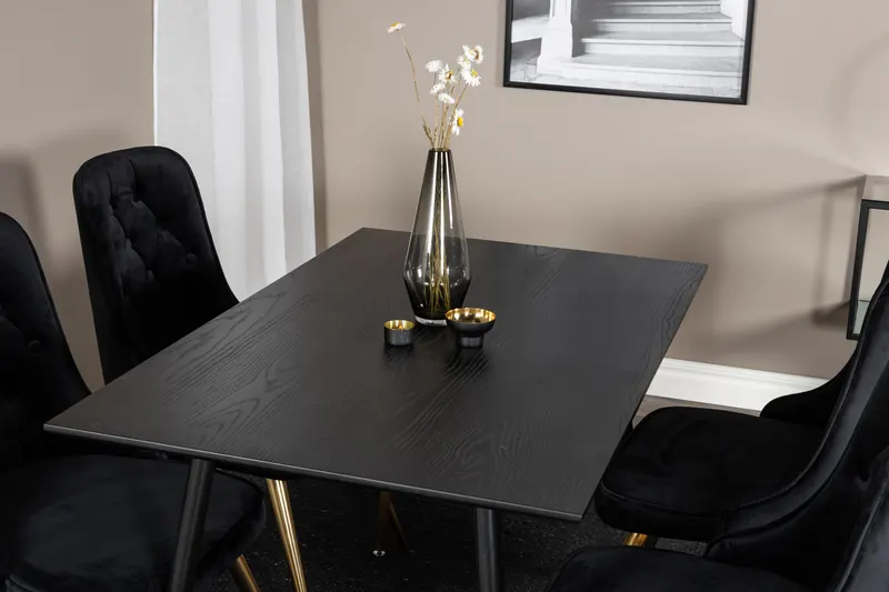 Dipp & Velvet Deluxe Essgruppe mit rechteckigem Esstisch und 4 Samtstühlen in Schwarz, Gestell Gold, im Wohnraum, Ansicht 4