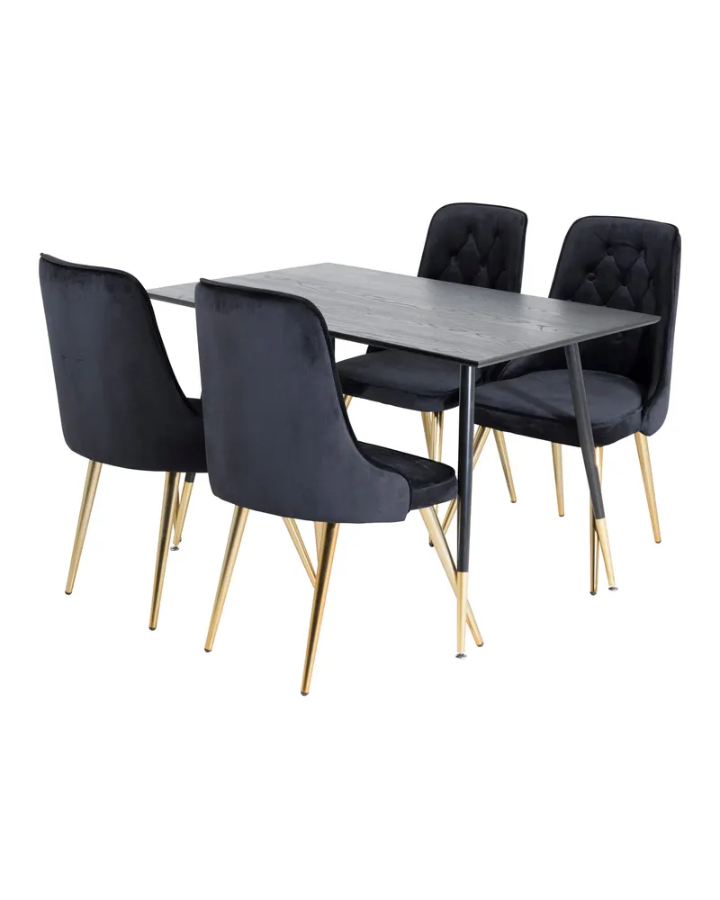 Dipp & Velvet Deluxe Essgruppe mit rechteckigem Esstisch und 4 Samtstühlen in Schwarz, Gestell Gold, Ansicht 2