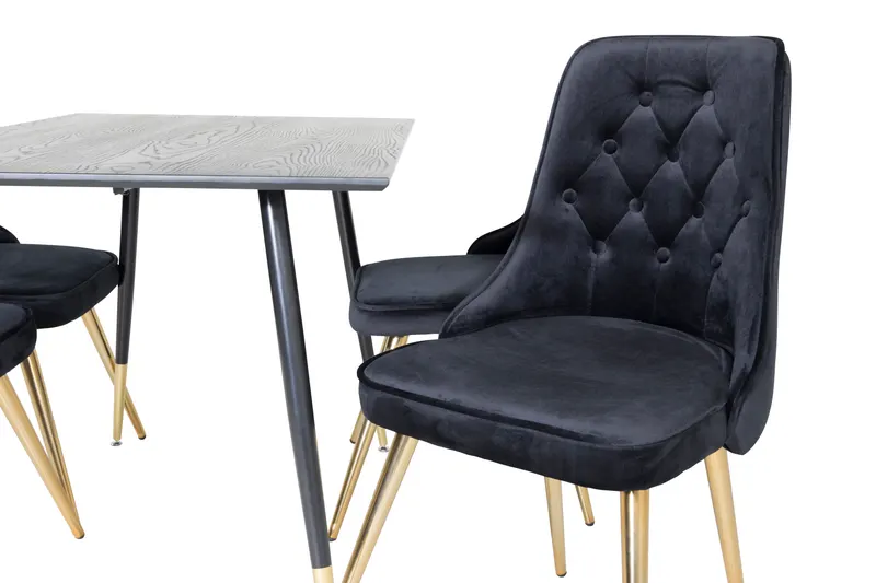 Dipp & Velvet Deluxe Essgruppe mit rechteckigem Esstisch und 4 Samtstühlen in Schwarz, Gestell Gold, Ansicht 3