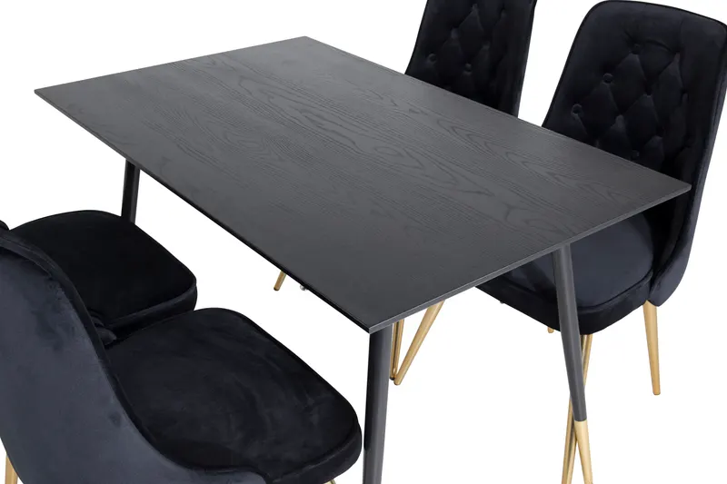 Dipp & Velvet Deluxe Essgruppe mit rechteckigem Esstisch und 4 Samtstühlen in Schwarz, Gestell Gold, Ansicht 4