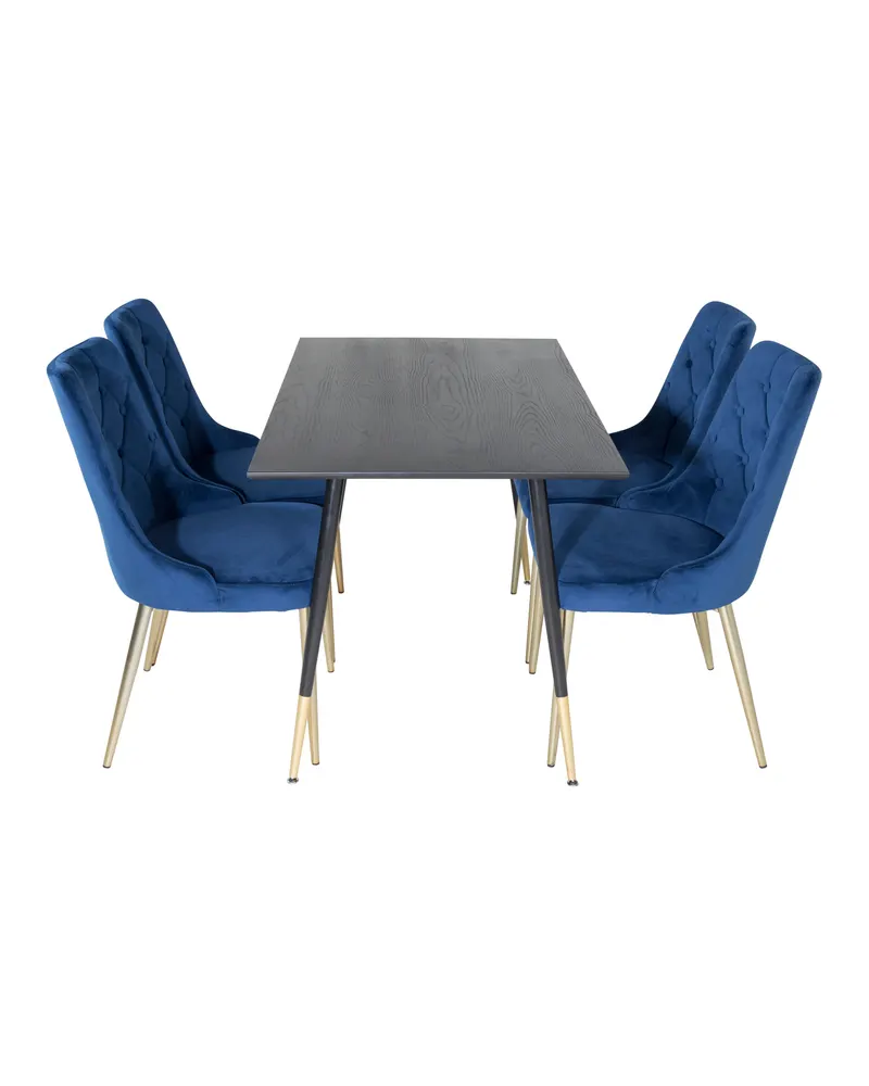 Dipp & Velvet Deluxe Essgruppe mit rechteckigem Esstisch und 4 Samtstühlen in Blau, Gestell Gold, Ansicht 1