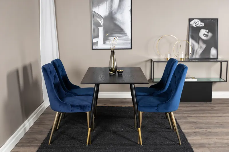 Dipp & Velvet Deluxe Essgruppe mit rechteckigem Esstisch und 4 Samtstühlen in Blau, Gestell Gold, im Wohnraum, Ansicht 1