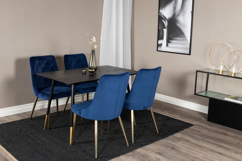 Dipp & Velvet Deluxe Essgruppe mit rechteckigem Esstisch und 4 Samtstühlen in Blau, Gestell Gold, im Wohnraum, Ansicht 2