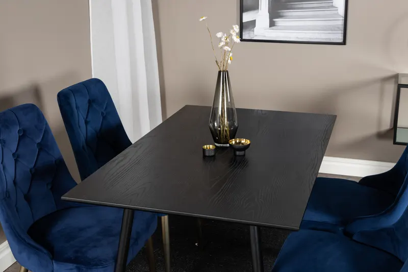 Dipp & Velvet Deluxe Essgruppe mit rechteckigem Esstisch und 4 Samtstühlen in Blau, Gestell Gold, im Wohnraum, Ansicht 4
