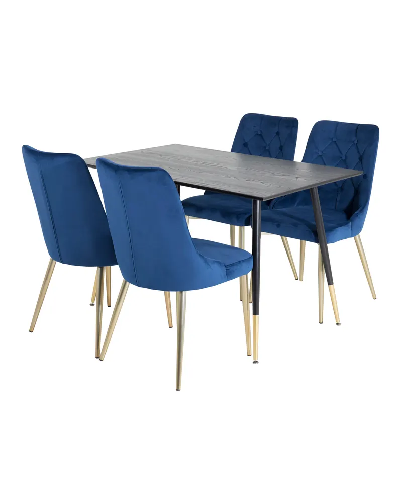 Dipp & Velvet Deluxe Essgruppe mit rechteckigem Esstisch und 4 Samtstühlen in Blau, Gestell Gold, Ansicht 2