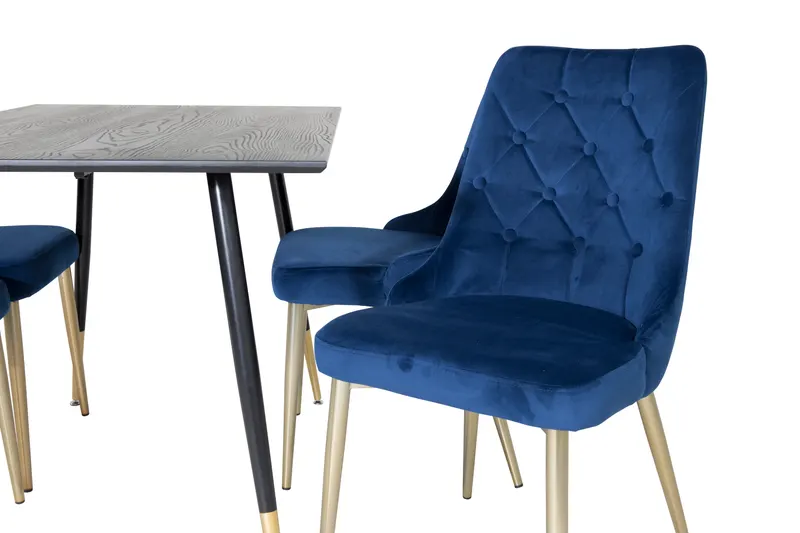 Dipp & Velvet Deluxe Essgruppe mit rechteckigem Esstisch und 4 Samtstühlen in Blau, Gestell Gold, Ansicht 3