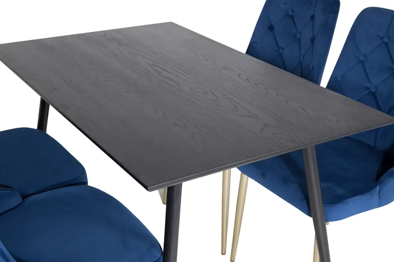 Dipp & Velvet Deluxe Essgruppe mit rechteckigem Esstisch und 4 Samtstühlen in Blau, Gestell Gold, Ansicht 4