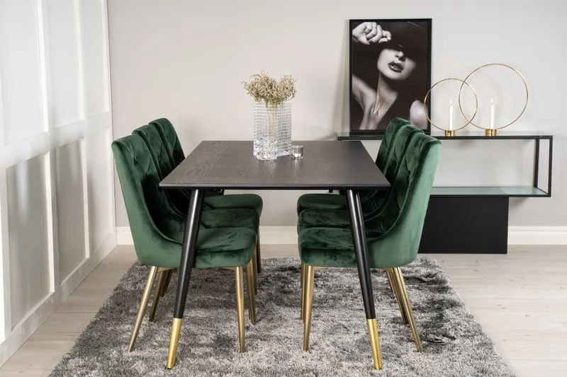 Dipp & Velvet Deluxe Essgruppe mit rechteckigem Esstisch und 6 gepolsterten Stühlen in Grün, Gestell Gold, im Wohnraum, Ansicht 1