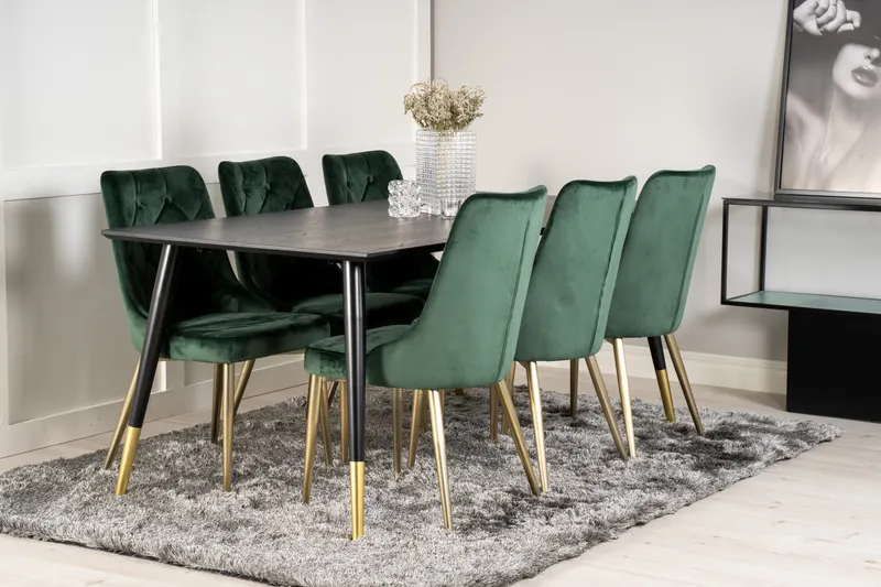 Dipp & Velvet Deluxe Essgruppe mit rechteckigem Esstisch und 6 gepolsterten Stühlen in Grün, Gestell Gold, im Wohnraum, Ansicht 2