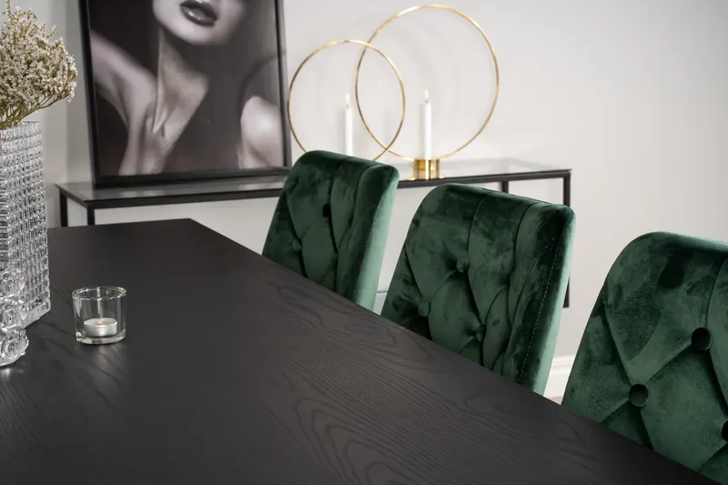 Dipp & Velvet Deluxe Essgruppe mit rechteckigem Esstisch und 6 gepolsterten Stühlen in Grün, Gestell Gold, im Wohnraum, Ansicht 3