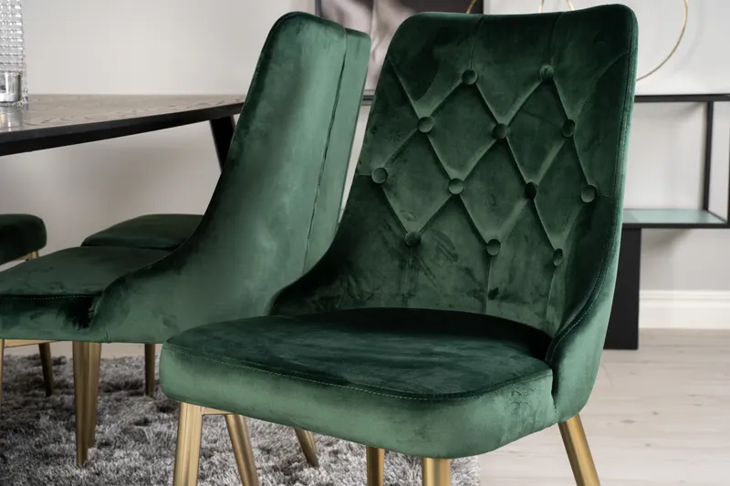 Dipp & Velvet Deluxe Essgruppe mit rechteckigem Esstisch und 6 gepolsterten Stühlen in Grün, Gestell Gold, im Wohnraum, Ansicht 4