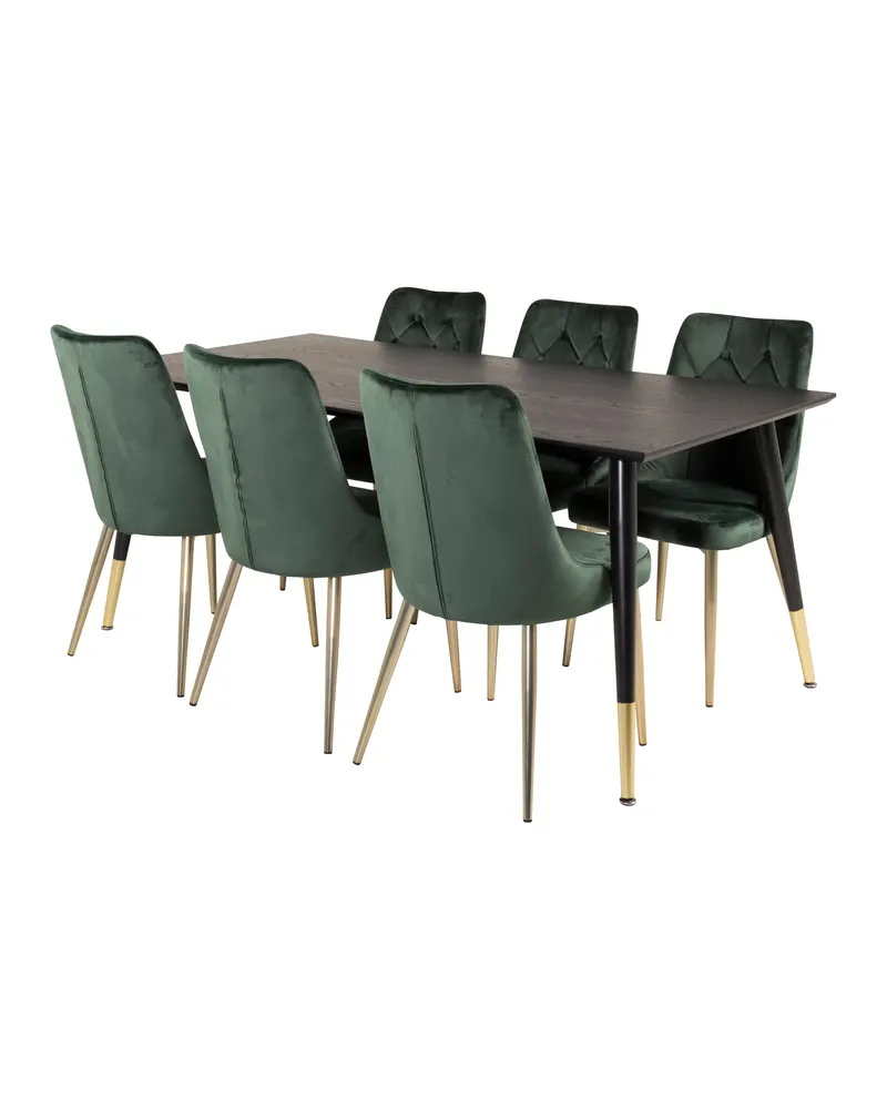 Dipp & Velvet Deluxe Essgruppe mit rechteckigem Esstisch und 6 gepolsterten Stühlen in Grün, Gestell Gold, Ansicht 2
