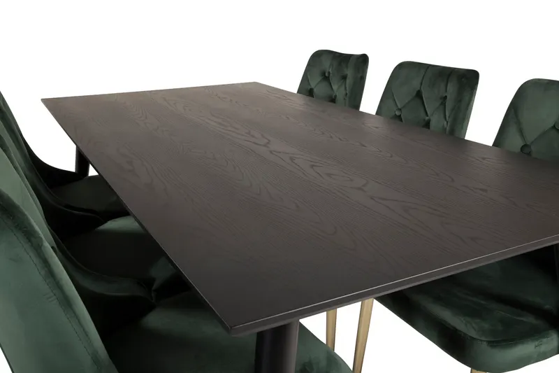 Dipp & Velvet Deluxe Essgruppe mit rechteckigem Esstisch und 6 gepolsterten Stühlen in Grün, Gestell Gold, Ansicht 3