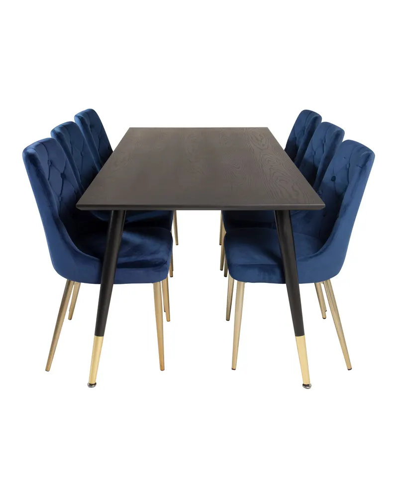 Dipp & Velvet Deluxe Essgruppe mit rechteckigem Esstisch und 6 gepolsterten Stühlen in Blau, Gestell Gold, Ansicht 1