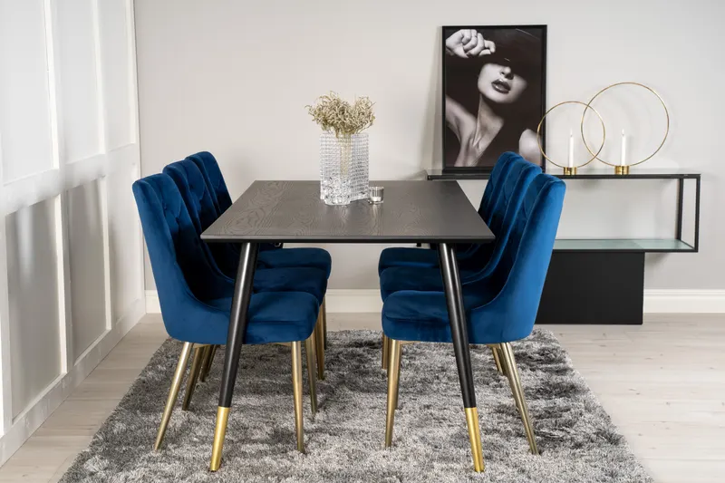 Dipp & Velvet Deluxe Essgruppe mit rechteckigem Esstisch und 6 gepolsterten Stühlen in Blau, Gestell Gold, im Wohnraum, Ansicht 1