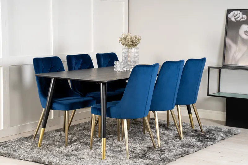Dipp & Velvet Deluxe Essgruppe mit rechteckigem Esstisch und 6 gepolsterten Stühlen in Blau, Gestell Gold, im Wohnraum, Ansicht 2