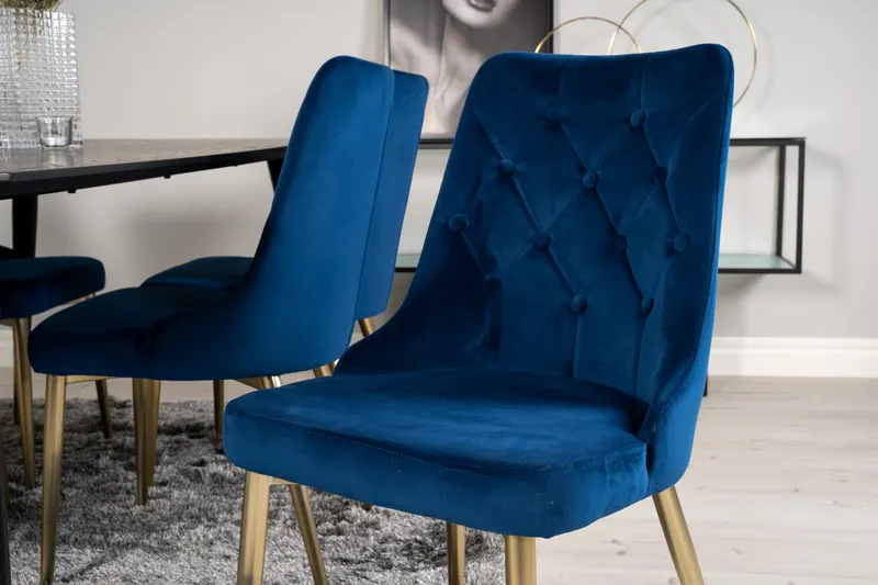 Dipp & Velvet Deluxe Essgruppe mit rechteckigem Esstisch und 6 gepolsterten Stühlen in Blau, Gestell Gold, im Wohnraum, Ansicht 4